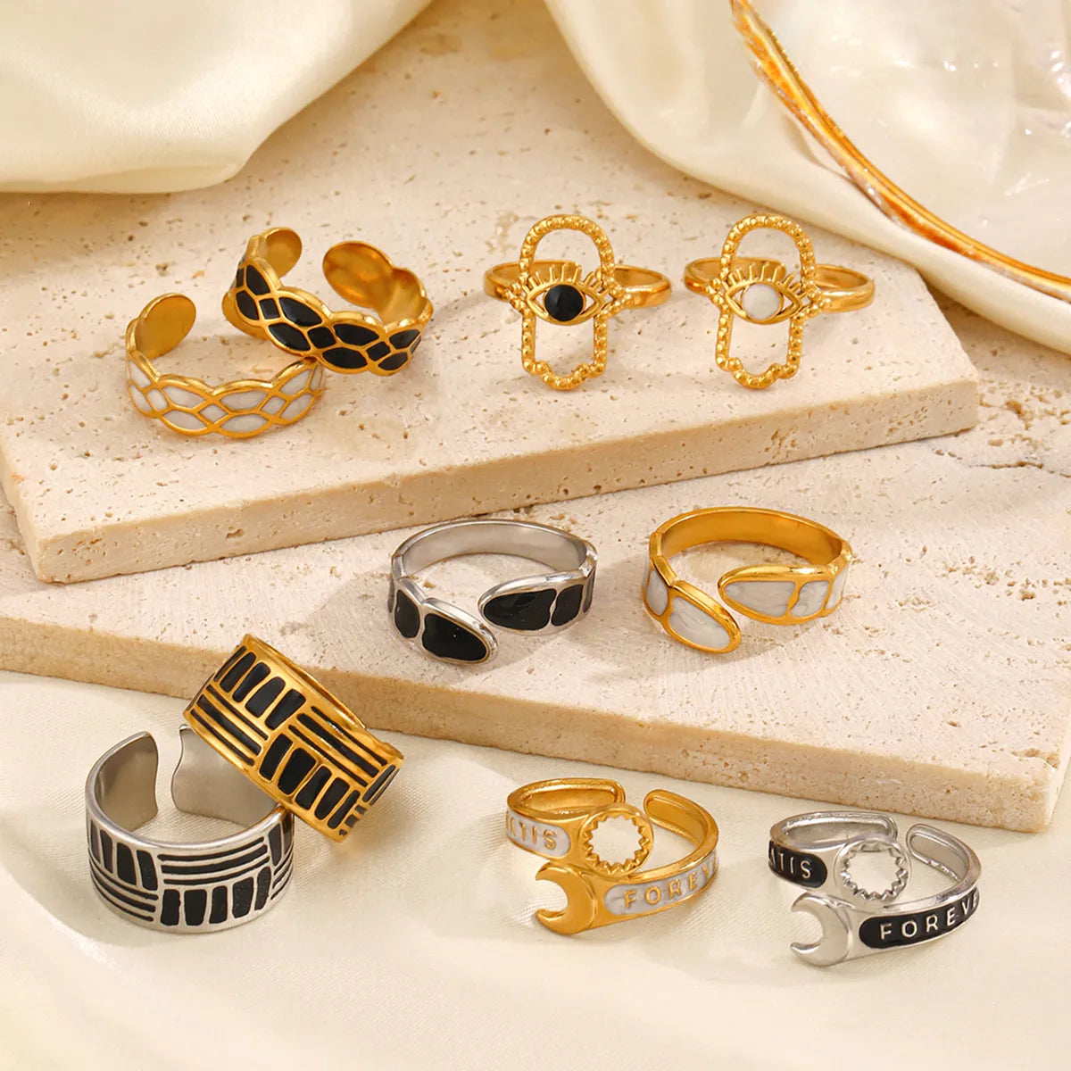 ladies rings luxury brand appeal -Wholesale Jewelry Simple Style Geometric Letter Eye 304 Stainless Steel 18K Gold Plated Enamel Open Rings