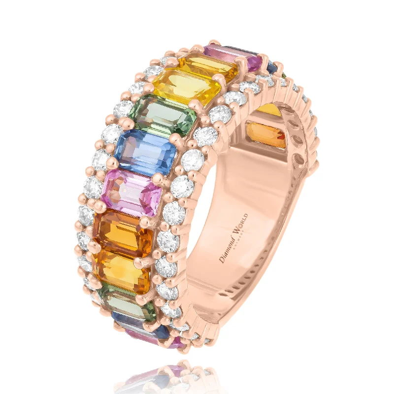 ladies rings dramatic bold style -Rectangular Multi Colour Sapphires & Diamonds Ring