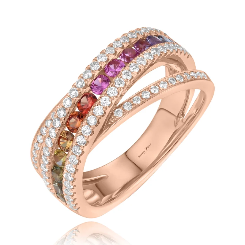 ladies rings gold elegant design -Multi Colour Sapphires & Diamonds "X" Ring