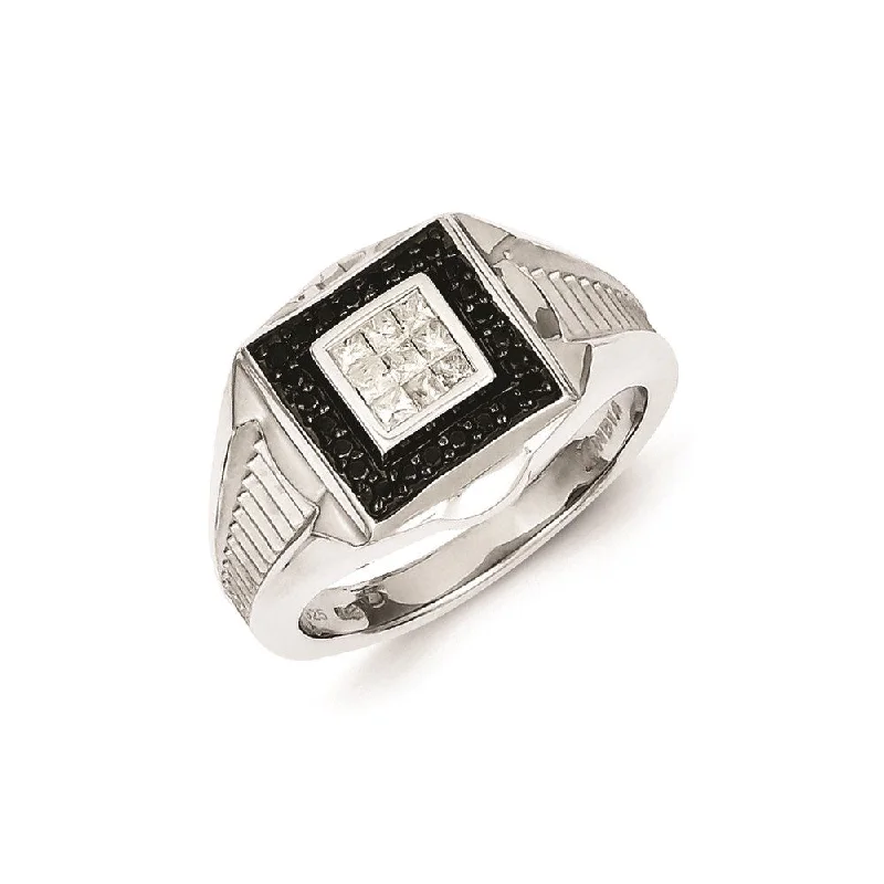 ladies rings sleek modern style -Sterling Silver Rhodium Plated Black and White Diamond Men's Ring