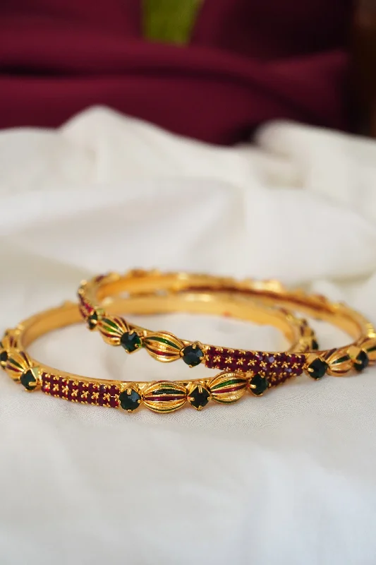 bracelets with green peridot -Ruby and Green Stone Gold Plated Bangles