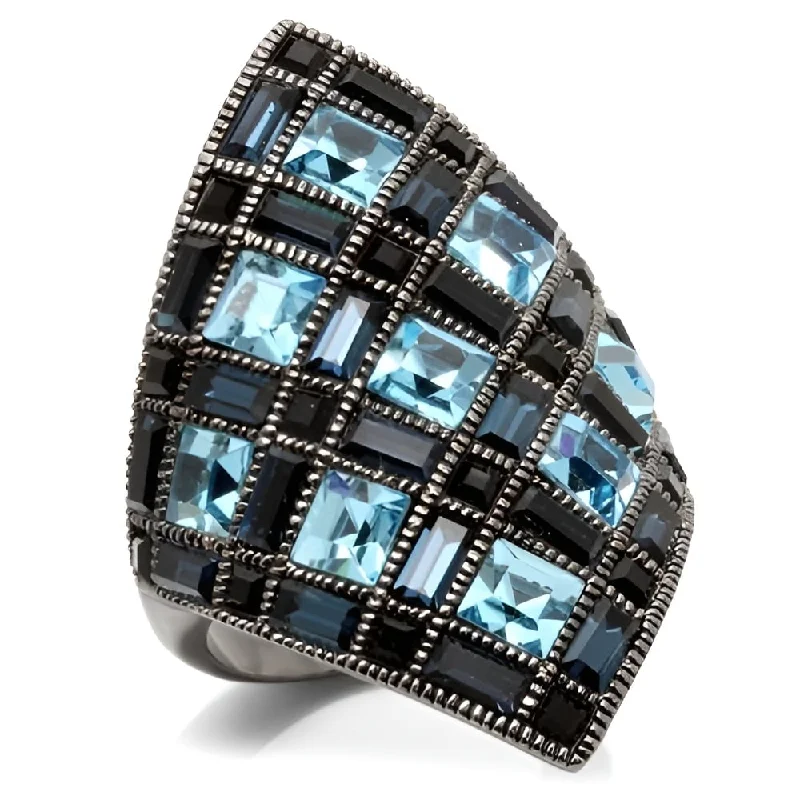 ladies rings rose gold trendy -Ruthenium Brass Ring with Sea Blue Crystal Suitable for Any Outfit