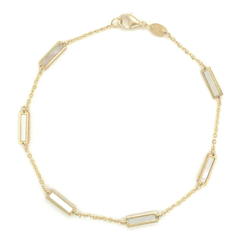 bracelets with zircon sparkle -14K Gold Station Bar Mother of Pearl Bracelet 7"