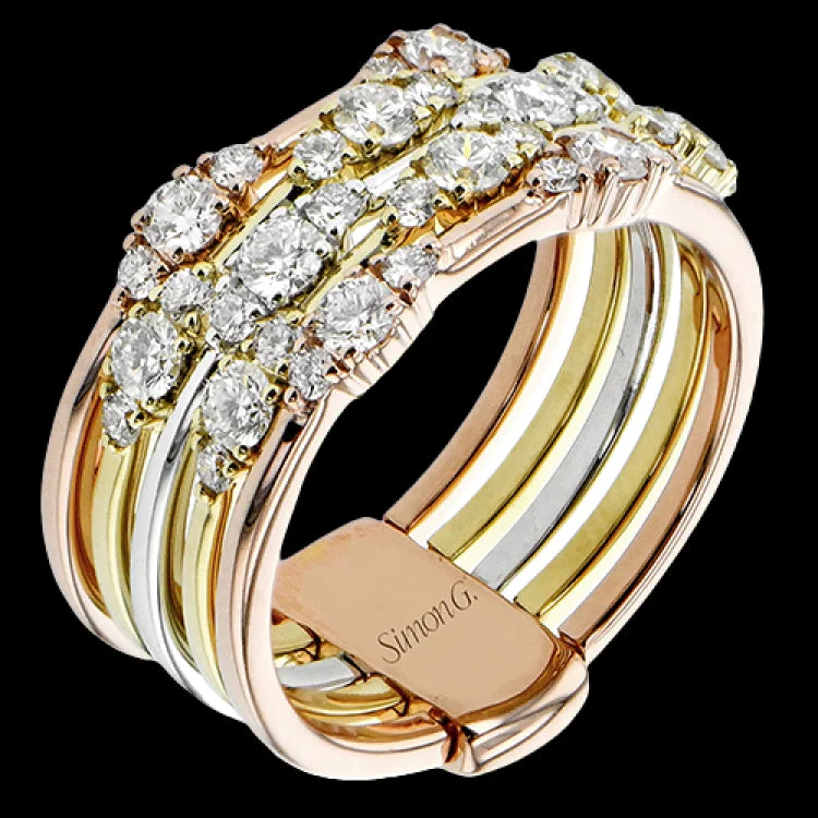 ladies rings gold elegant design -This five row ring gives the look of stacked bands but the comfort and security of one ring.  Created in 18k white, yellow and rose gold and featuring 1.07cttw diamonds, this ring pairs perfectly with any look.