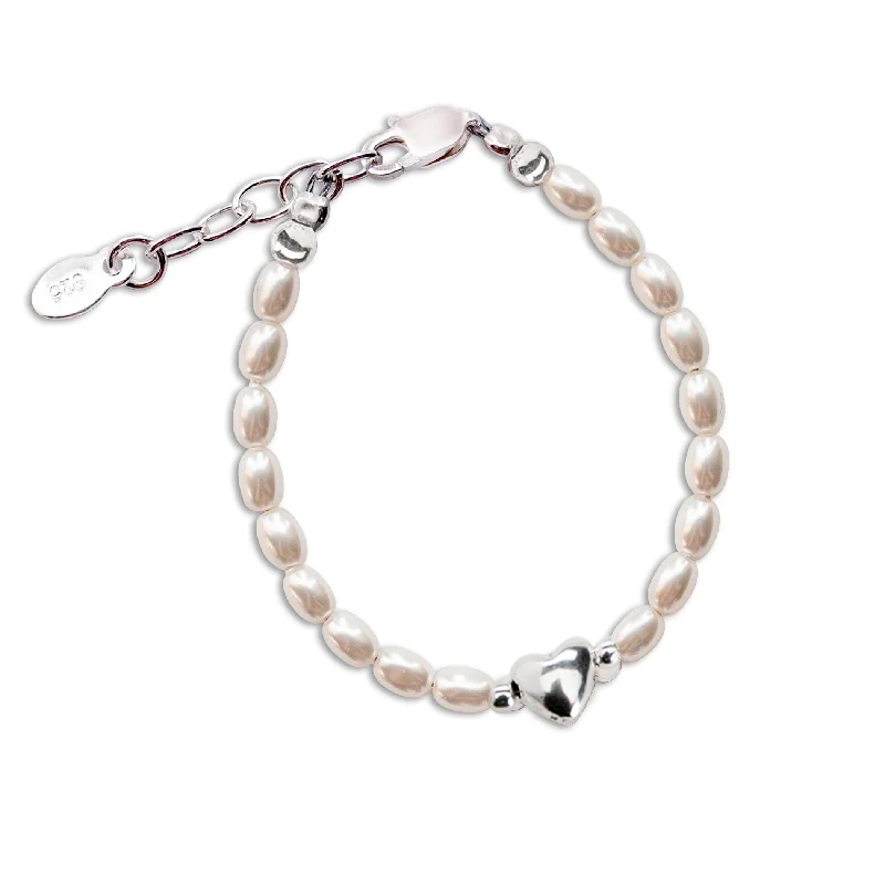 bracelets for office wear -Sterling Silver Simulated Rice Pearl Baby Bracelet with Puff Heart for Kids