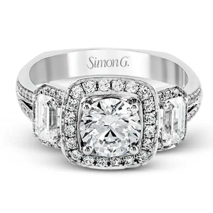 ladies rings adjustable fit size -This impressive white gold ring features .43 ctw emerald cut side diamonds and is accented with .38 ctw round cut diamonds.