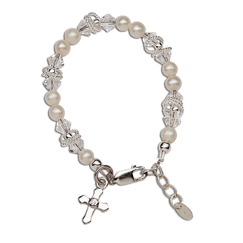 bracelets for everyday wear -Krista - Sterling Silver Pearl Cross Bracelet for Baptism or First Communion