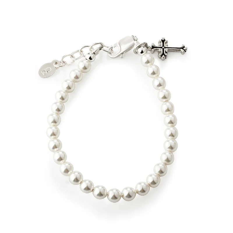 bracelets for wedding gift -Sterling Silver Simulated Pearl with Cross Baptism Bracelet for Infants and Little Girls for Communion