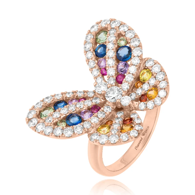 ladies rings rose gold trendy -Multi Colour Sapphires & Diamonds Butterfly Ring