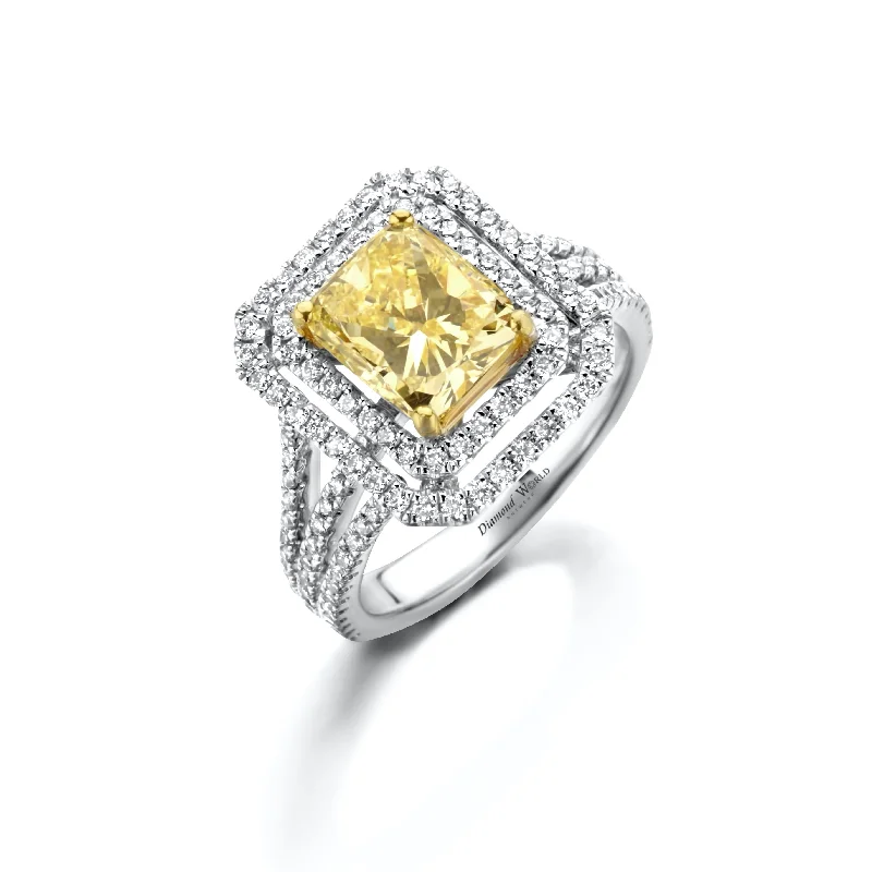 ladies rings with black diamond -Double Halo Three row sided Fancy Yellow Radiant cut Diamonds Ring