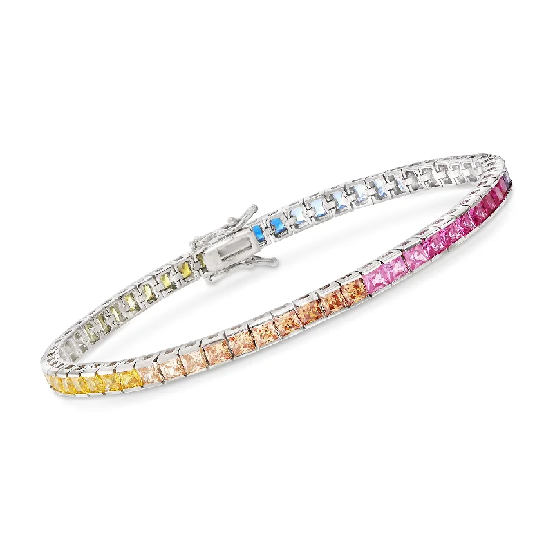 bracelets with feather pendant -Ross-Simons Princess-Cut Rainbow Simulated Sapphire Tennis Bracelet in Sterling Silver