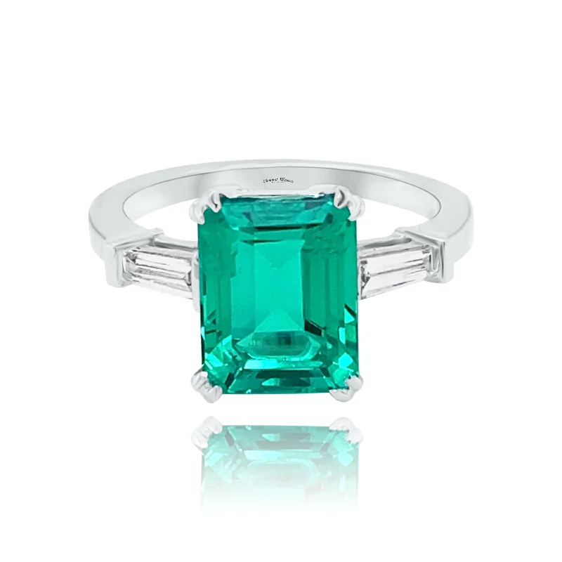 ladies rings with birthstone glow -Emerald & Baguette cut Diamonds Trilogy Ring