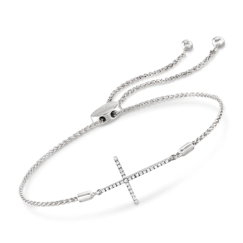 bracelets minimalist chic look -Ross-Simons Diamond Sideways Cross Bolo Bracelet in Sterling Silver