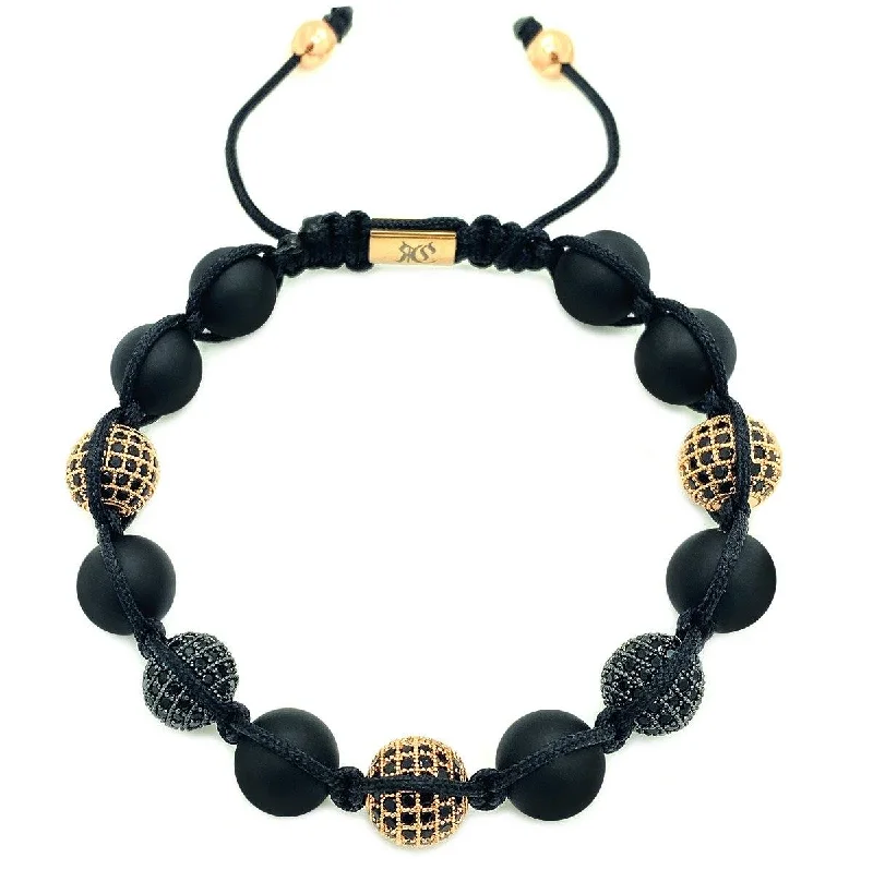 bracelets with heart pendant -Onyx Beaded Bracelet Black & Rose Gold CZ Diamonds