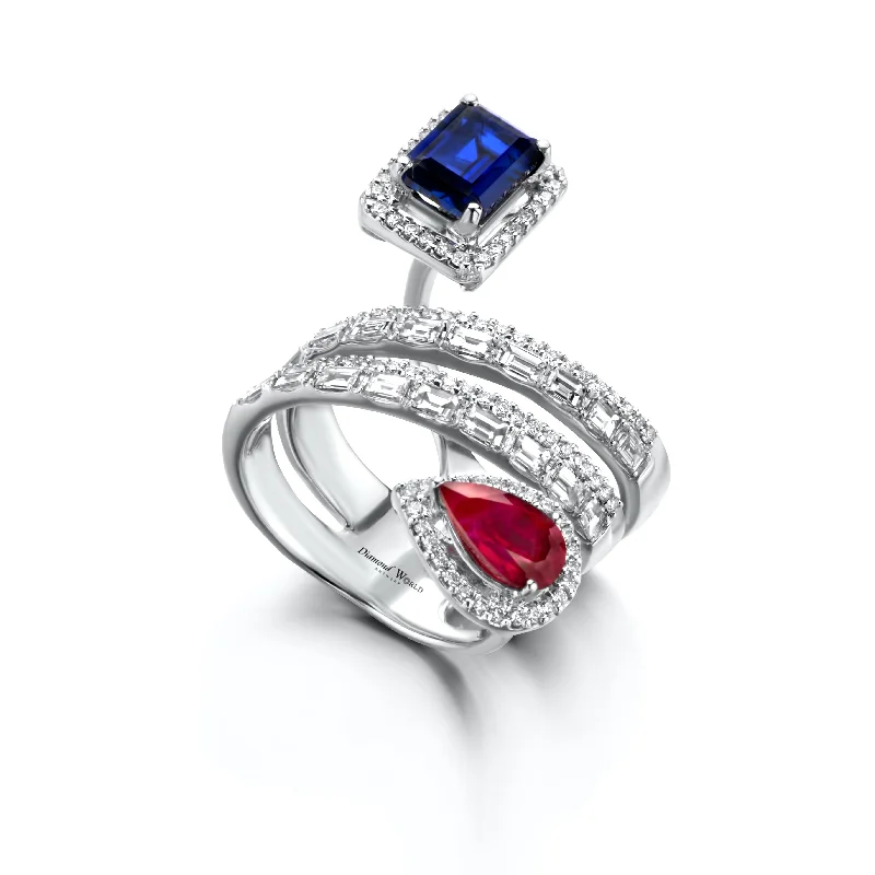 ladies rings for office elegance -Sapphire , Ruby & Diamonds "hug me " Ring