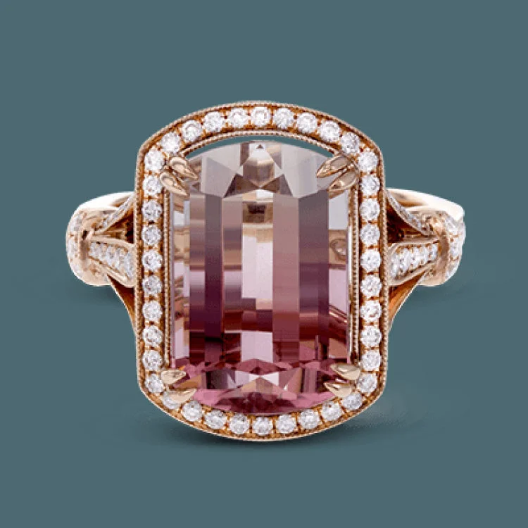 ladies rings custom personalized -This 18k rose gold ring design is set with a 8.89 ct watermelon tourmaline surrounded by .55 ctw of white round brilliant diamonds.