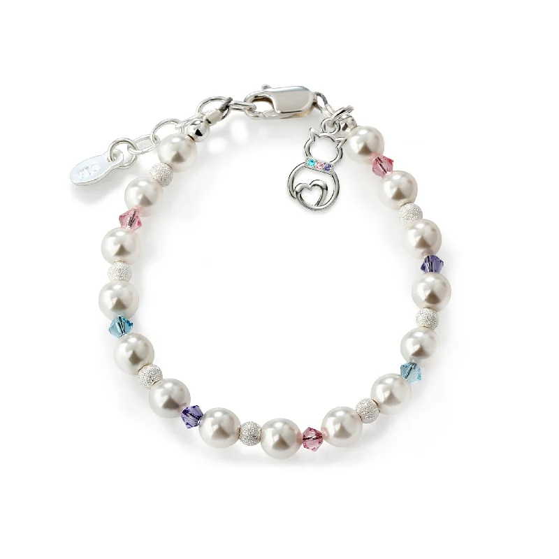 bracelets with cross charm -Sterling Silver Bracelet with Cat Charm, Pearls, and Rainbow Crystals for Girls, Toddlers and Kids