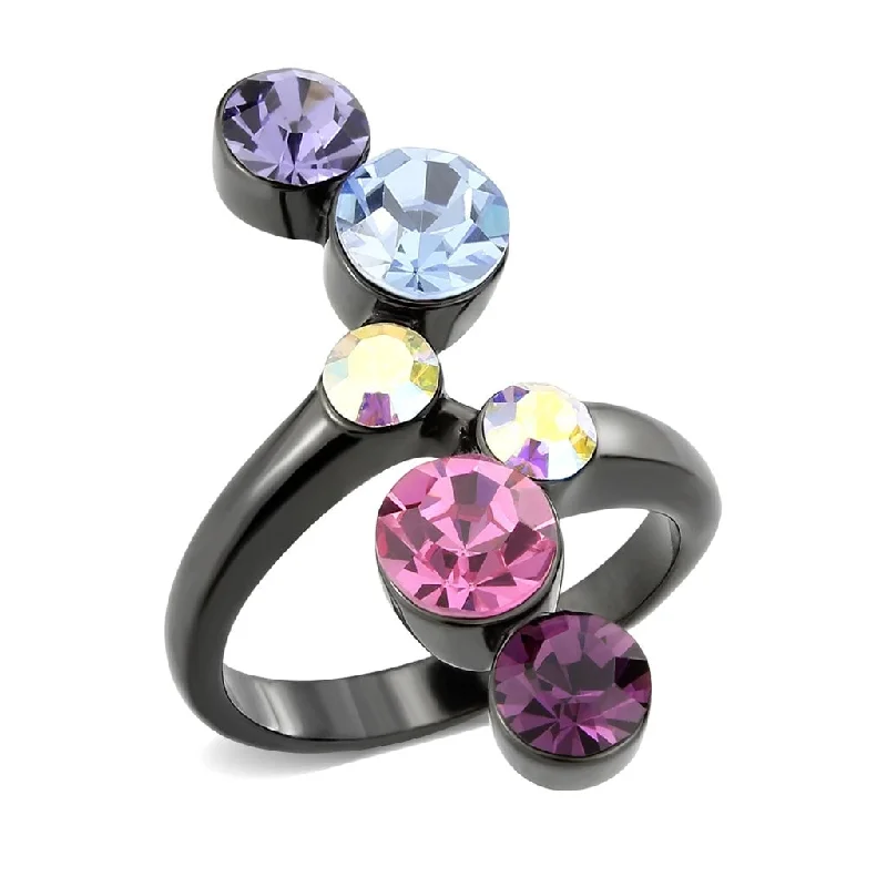 ladies rings small size fit -Black Ion Plating Stainless Steel Ring with Multi-Color Crystal Perfect for Any Occasion