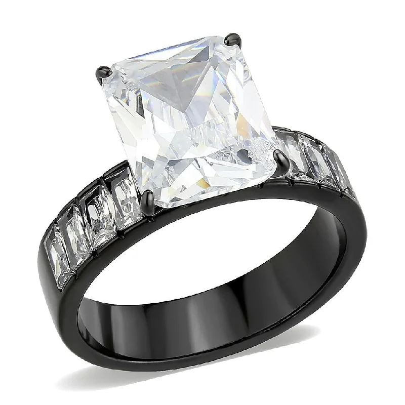 ladies rings thin band elegance -Black Ion Plating Stainless Steel Ring with Clear Baguette Cubic Zirconia