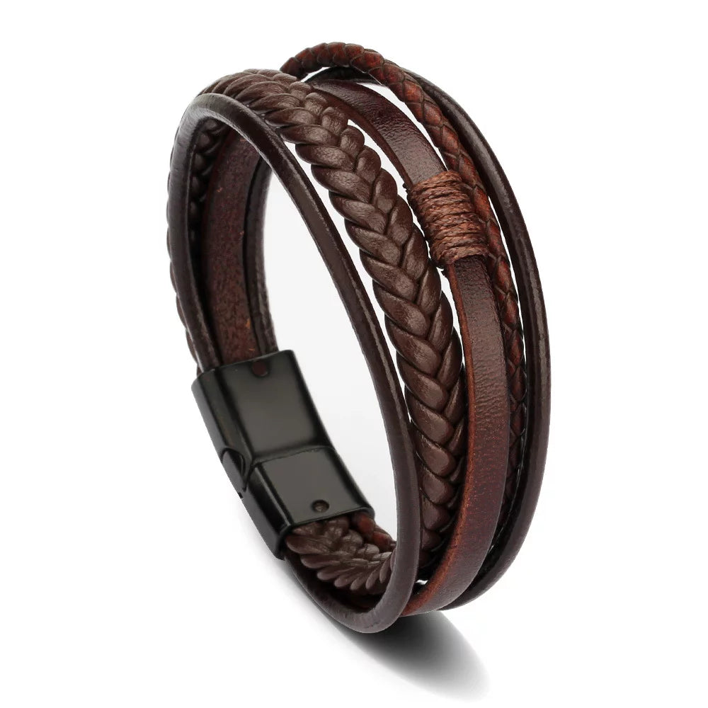 bracelets with evil eye -Designice Leather Bracelet with Magnetic Clasp Bracelet for Men - Brown