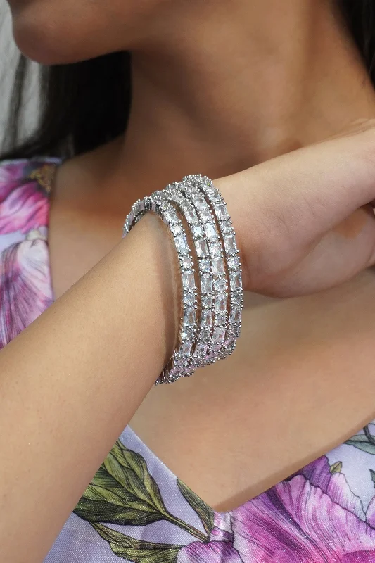 bracelets with birthstone accent -Silver Rhodium Plated American Diamond Bangle (Set of 4)