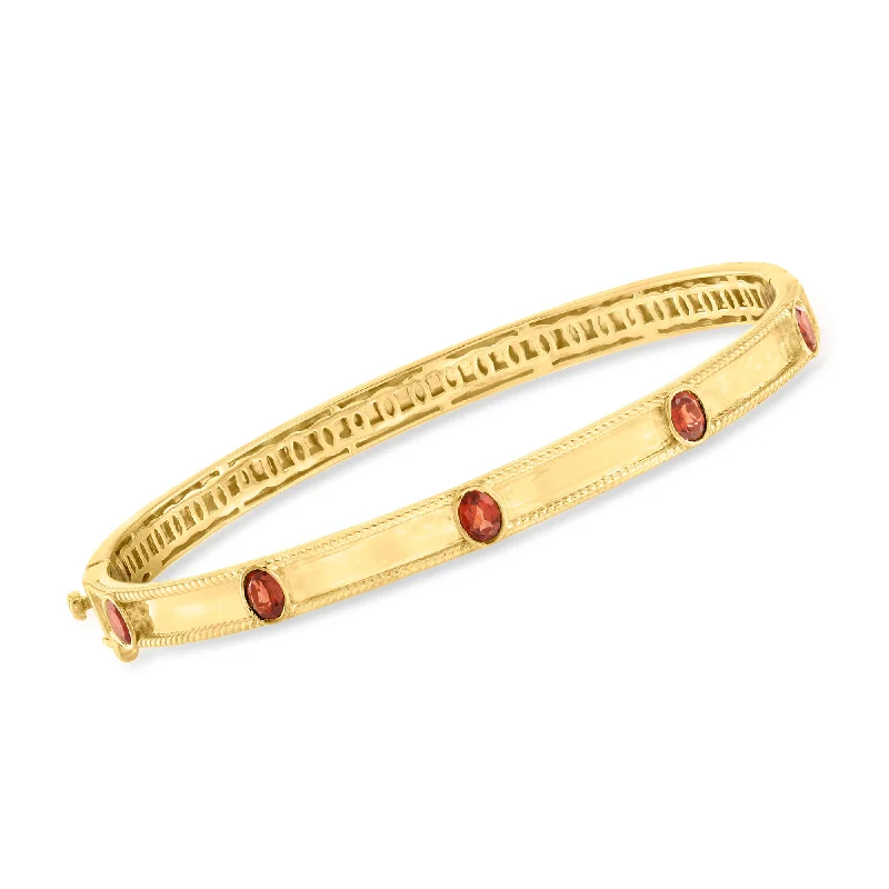 bracelets with topaz blue -Ross-Simons Garnet Station Bangle Bracelet in 18kt Gold Over Sterling