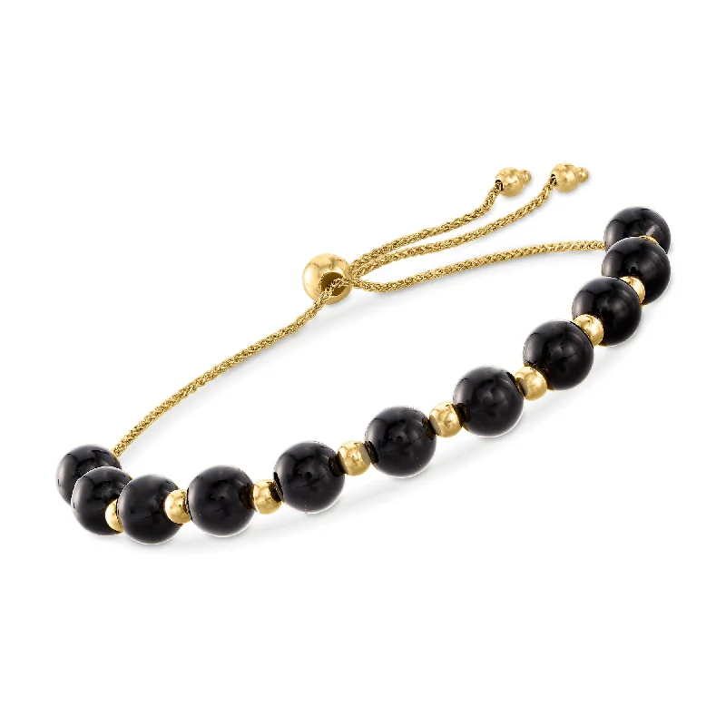 bracelets for casual chic -Ross-Simons Black Onyx and 14kt Yellow Gold Bead Bolo Bracelet