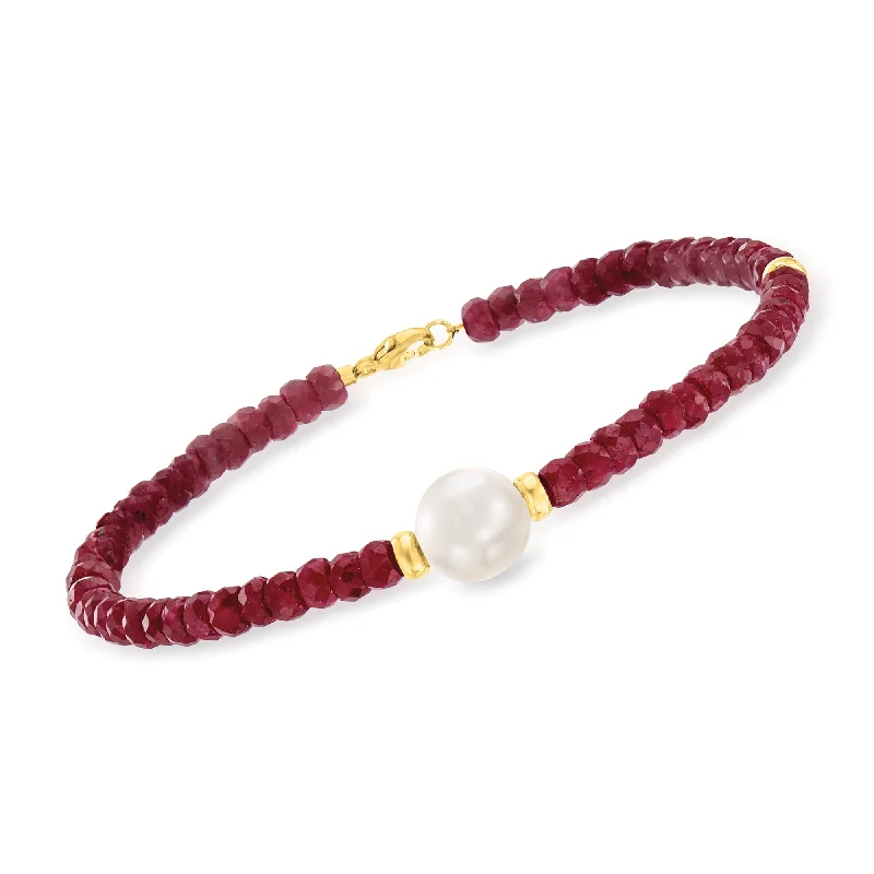 bracelets with sun charm -Ross-Simons Beaded Ruby Bracelet With 10mm Cultured Pearl in 14kt Yellow Gold