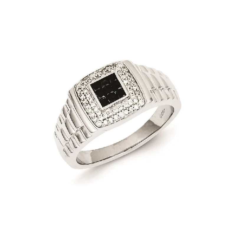 ladies rings with diamond sparkle -Sterling Silver Black and White Diamond Square Men's Ring