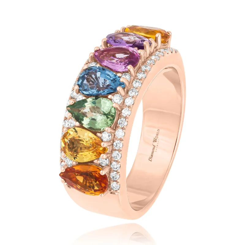 ladies rings with pearl accent -Pear Shaped Multi Colour Sapphires & Diamonds Alliance Ring