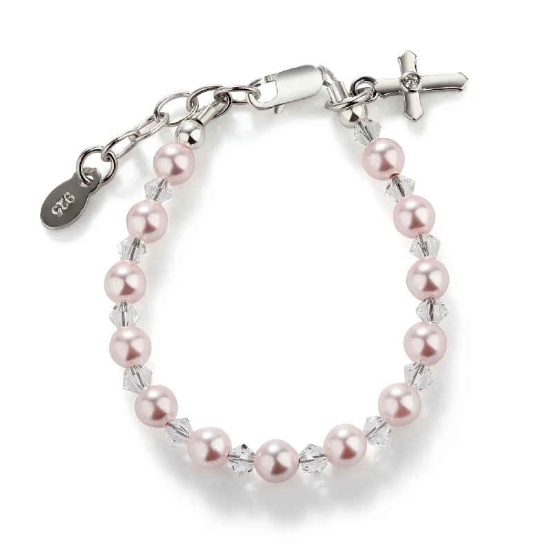 bracelets with red ruby -Sterling Silver Pink Simulated Pearl Cross Bracelet for Baptism and Communion Gifts