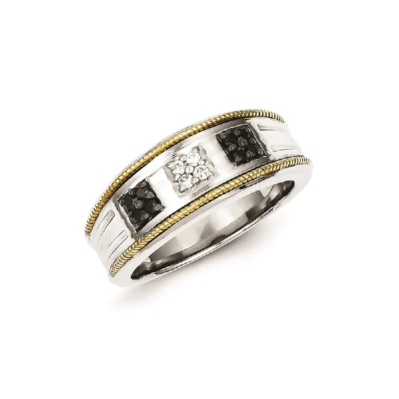 ladies rings with gemstone accent -Sterling Silver and Gold Plated Black & White Diamond Men's Ring