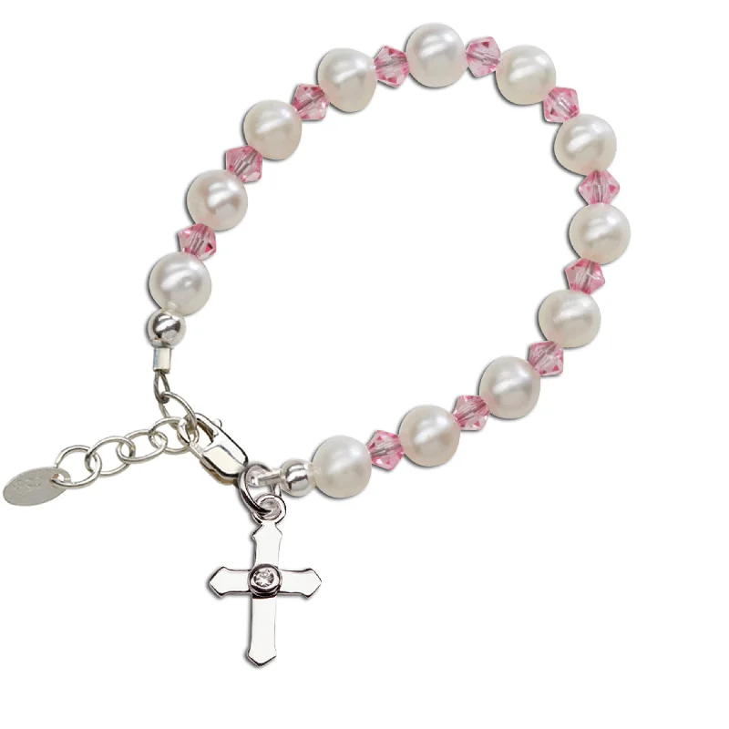 bracelets with teal turquoise -Sterling Silver Freshwater Pearl Pink Cross Bracelet for Little Girls