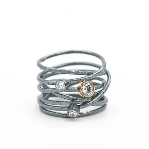 ladies rings for casual wear -Oxidized Coil Ring with Cubic Zirconia