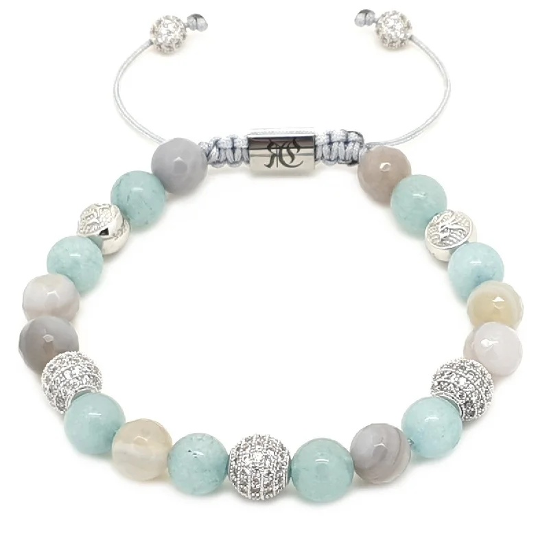 bracelets with diamond sparkle -Women's Beaded Bracelet Aquamarine, Agate & Silver