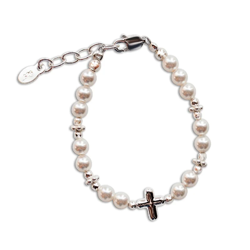 bracelets with floral charm -Girls Sterling Silver  Simulated Pearl with Cross Bracelet for Baptism or First Communion