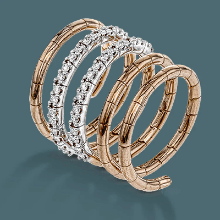 ladies rings luxury brand appeal -This spiral ring is remarkably comfortable and resilient due to the incredible design of tiny, almost imperceptible joints in its solid 18k rose gold design. A total of .51 cts of white diamonds add sparkle to the top of this ring.