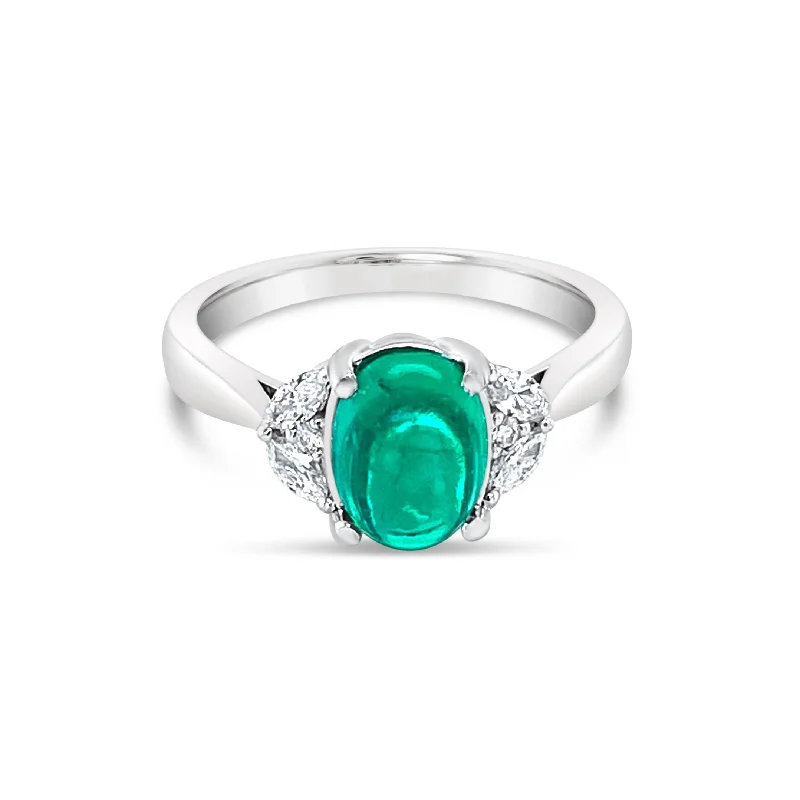 ladies rings for daily wear -Cabochon Emerald & Half Moon Style Invisible Set Diamonds Ring