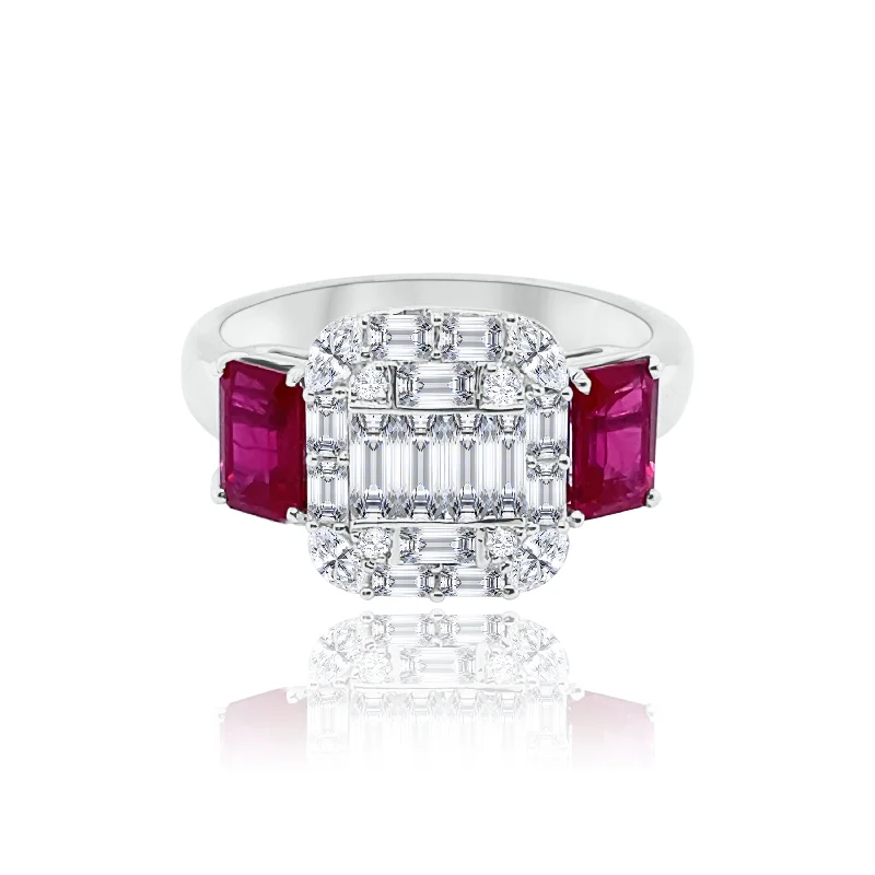 ladies rings stylish affordable -SIDE RUBIES  & CENTRAL DIAMONDS TRILOGY "Ashley" RING