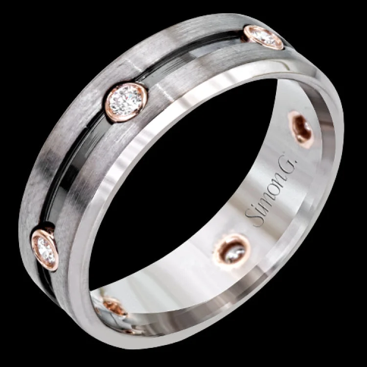 ladies rings with aquamarine gem -Featuring a sleek modern design, this men's gray gold band features rose gold accents and is set with .23 ctw round cut white diamonds.