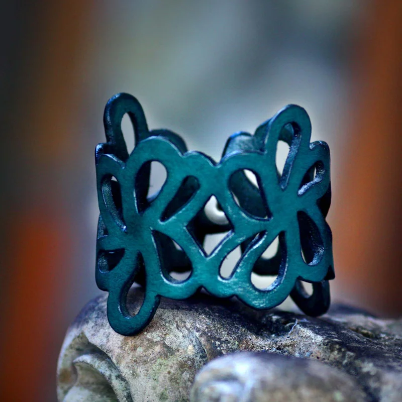 bracelets leather men style -Dark Teal Petals Leather Cuff Bracelet