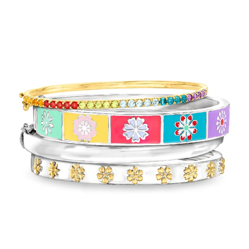 bracelets delicate thin design -Ross-Simons "Flower Power Stack" Set Of 4 Bangle Bracelets in 2-Tone Sterling Silver