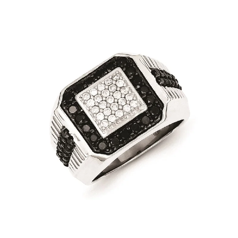 ladies rings for proposal gift -Sterling Silver Rhodium Plated Black and White Diamond Men's Ring