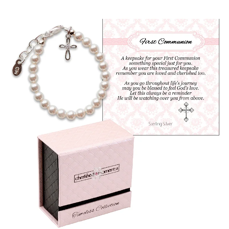 bracelets with gemstone beads -Sterling Silver High-End Austrian Simulated Pearl Cross Bracelet First Communion Gift for Girls