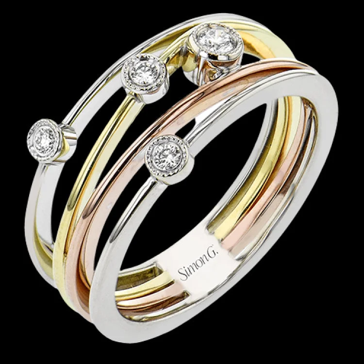 ladies rings with gold plating -The perfect accessory, this ring features 18K white, yellow and rose gold and .10 diamonds.