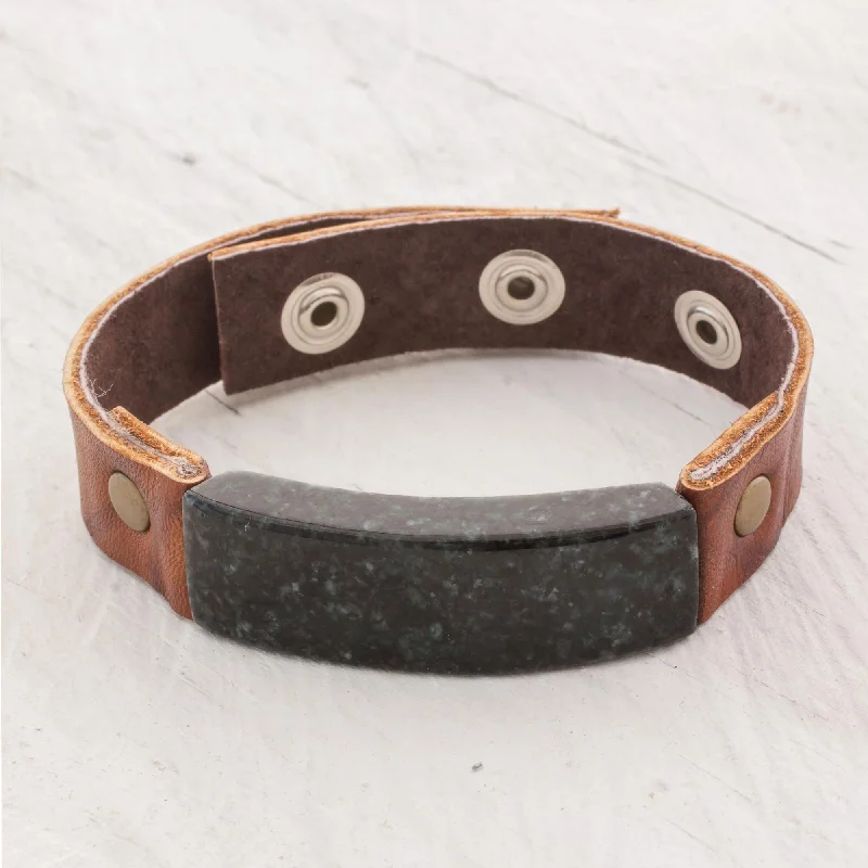 bracelets with geometric shape -Dark Green Maya Fortress Men's Leather Wristband Bracelet with Dark Green Jade