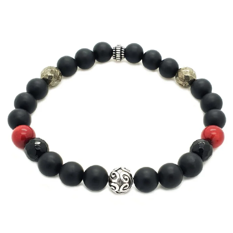 bracelets for young women -Matte Onyx, Red Coral, Pyrite Bracelet - Sterling Silver