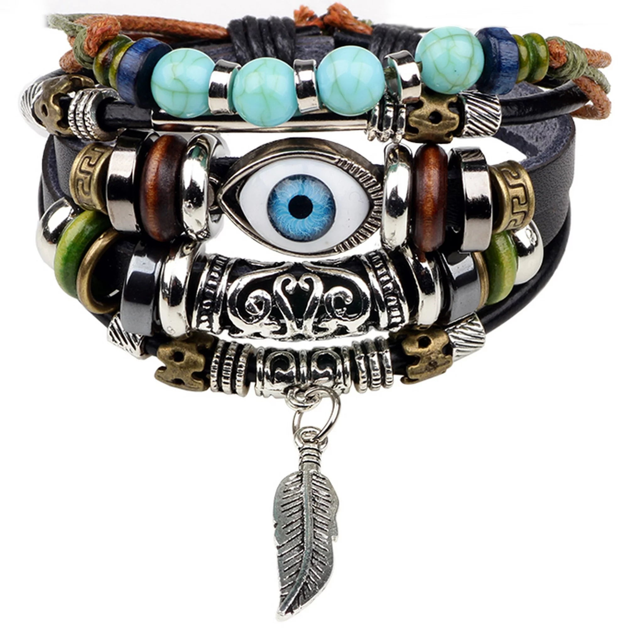 bracelets with purple amethyst -Tribal Evil Eye Protection Synthetic Turquois and Feather Unisex Leather Wristband Bracelet Men or Women