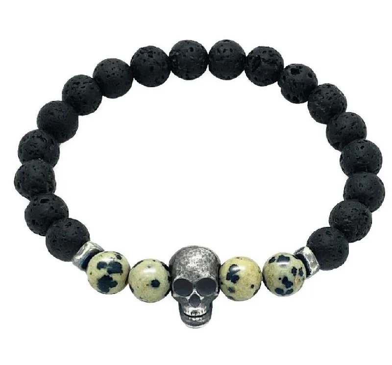 bracelets with cross charm -Dalmatian & Lava Stones with Silver Skull Bracelet