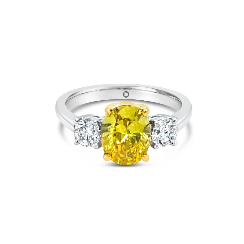 ladies rings geometric unique shape -Oval cut Fancy Yellow  Diamond & Brilliant cut Diamonds Trilogy Ring